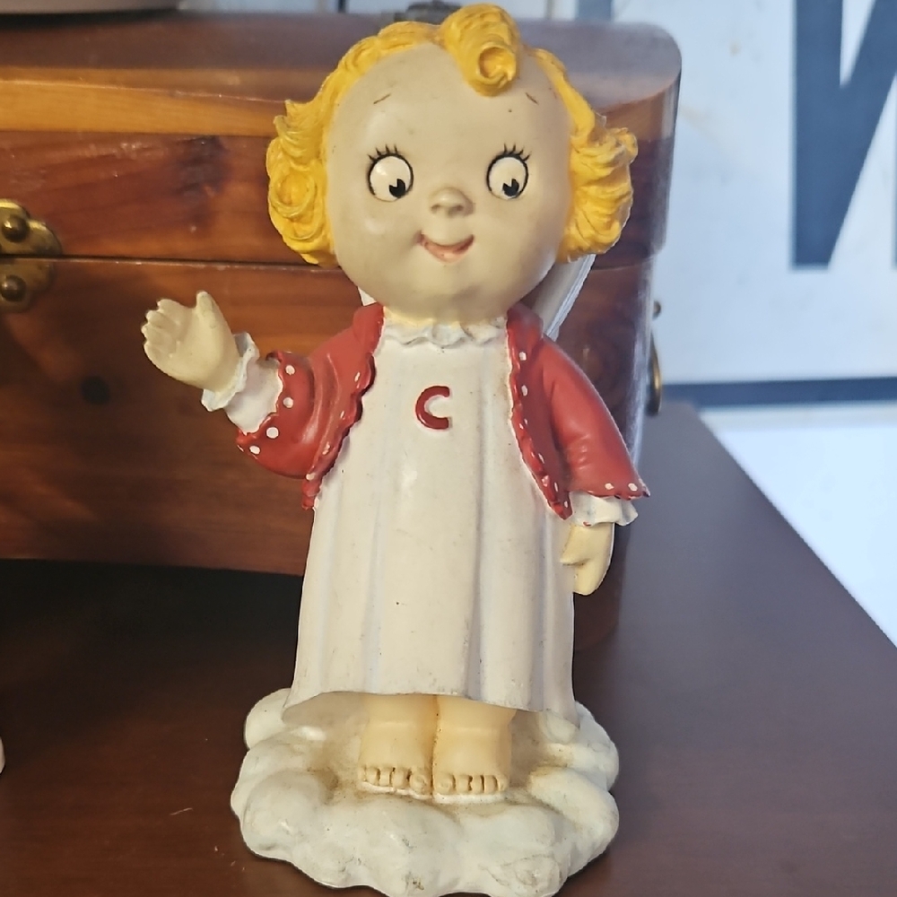 Hand-Painted Ceramic Angel Figurine in White and Red